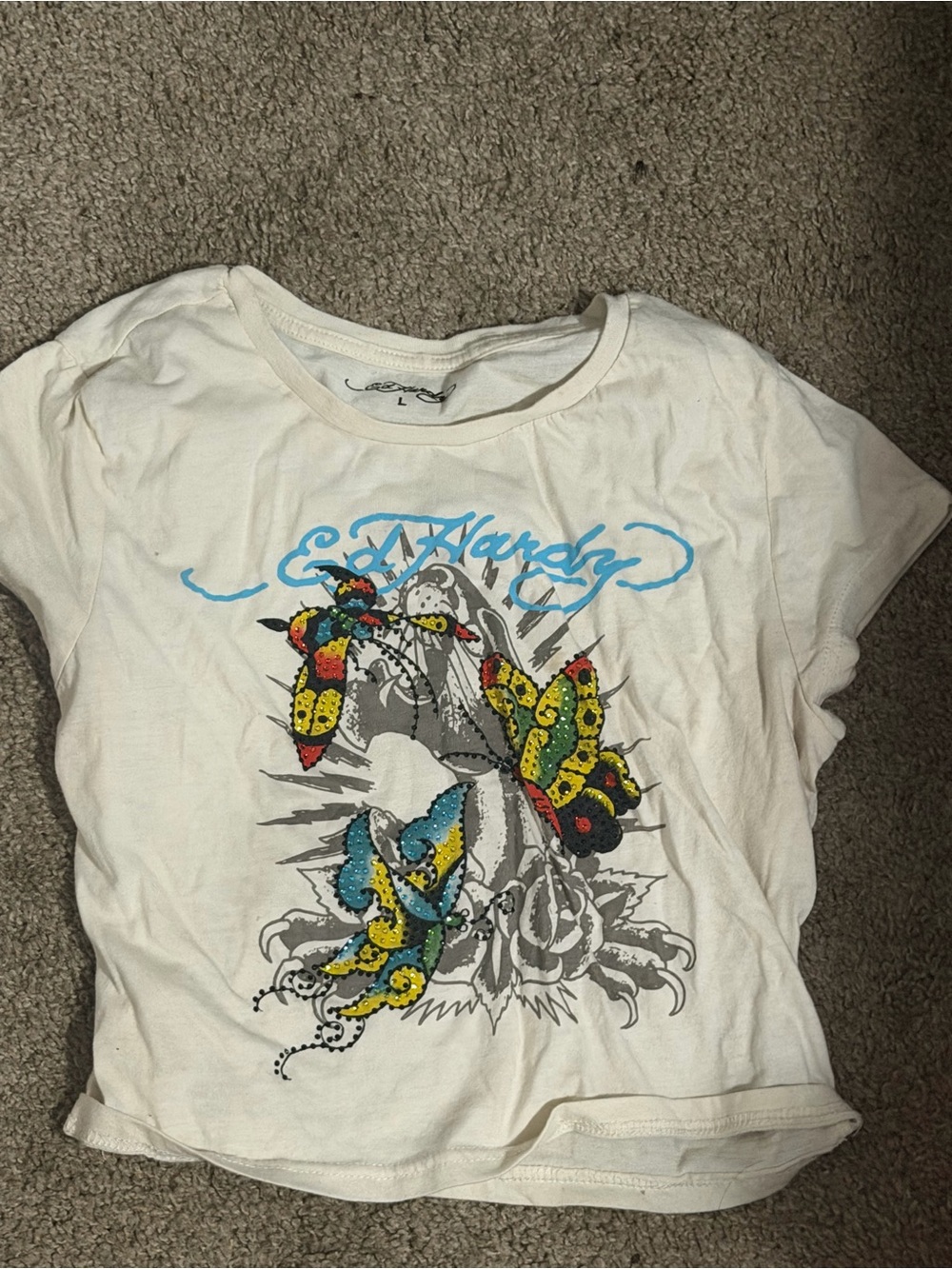 Ed Hardy White Short Sleeve Tee with Colorful Butterfly & Floral Graphic